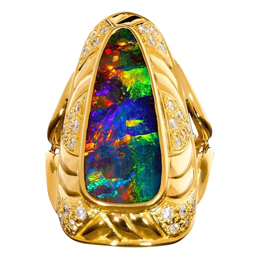 Australian 10.38ct Boulder Opal, Diamond & 18K Gold Ring For Sale