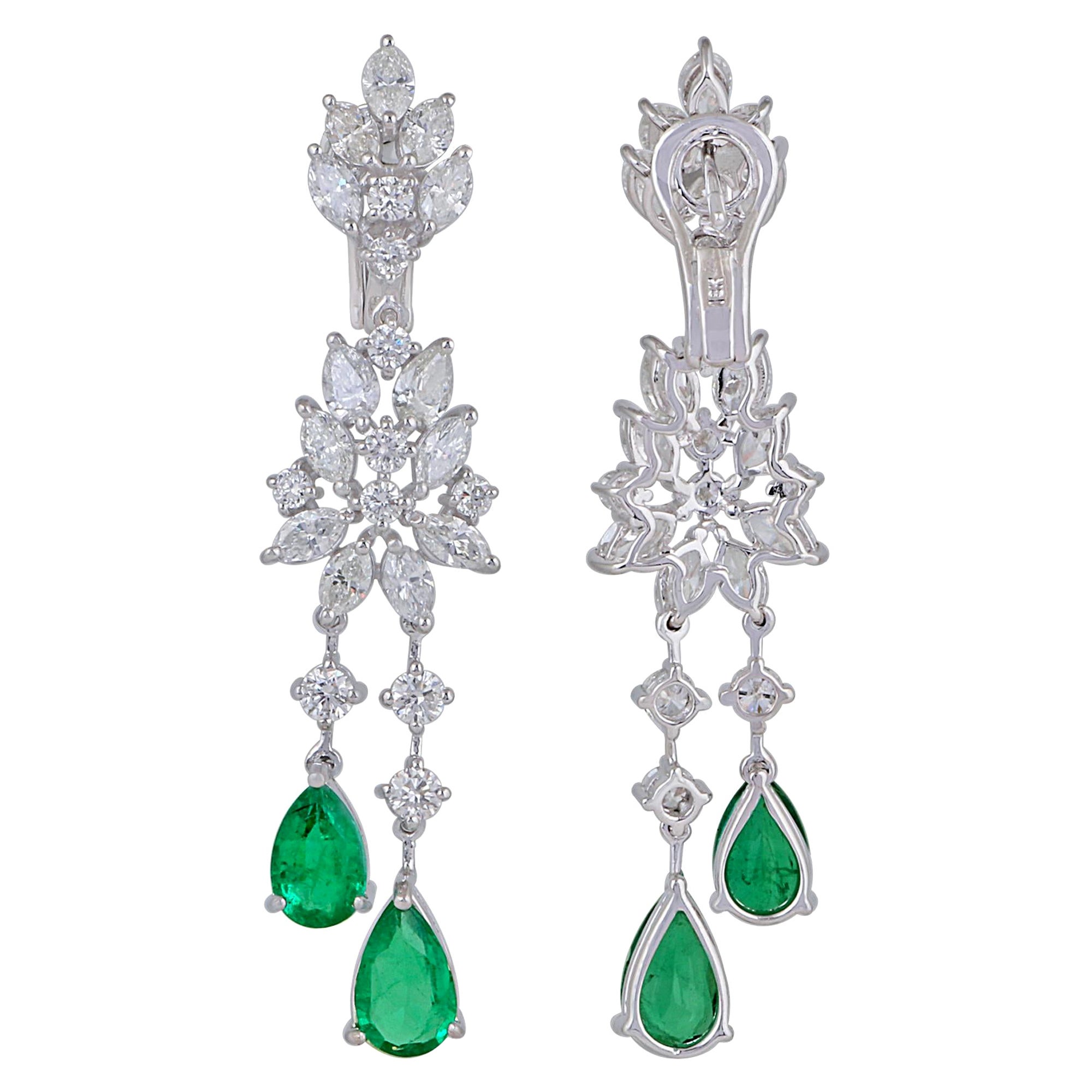 Pear Emerald Gemstone Dangle Earrings Marquise Diamond 18k White Gold Jewelry
