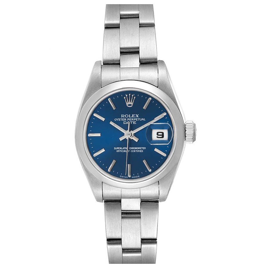 Rolex Date Blue Dial Oyster Bracelet Steel Ladies Watch 69160 Papers For Sale