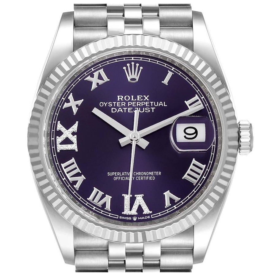 Rolex Datejust Steel White Gold Purple Dial Diamond Watch 126234 Box Card For Sale