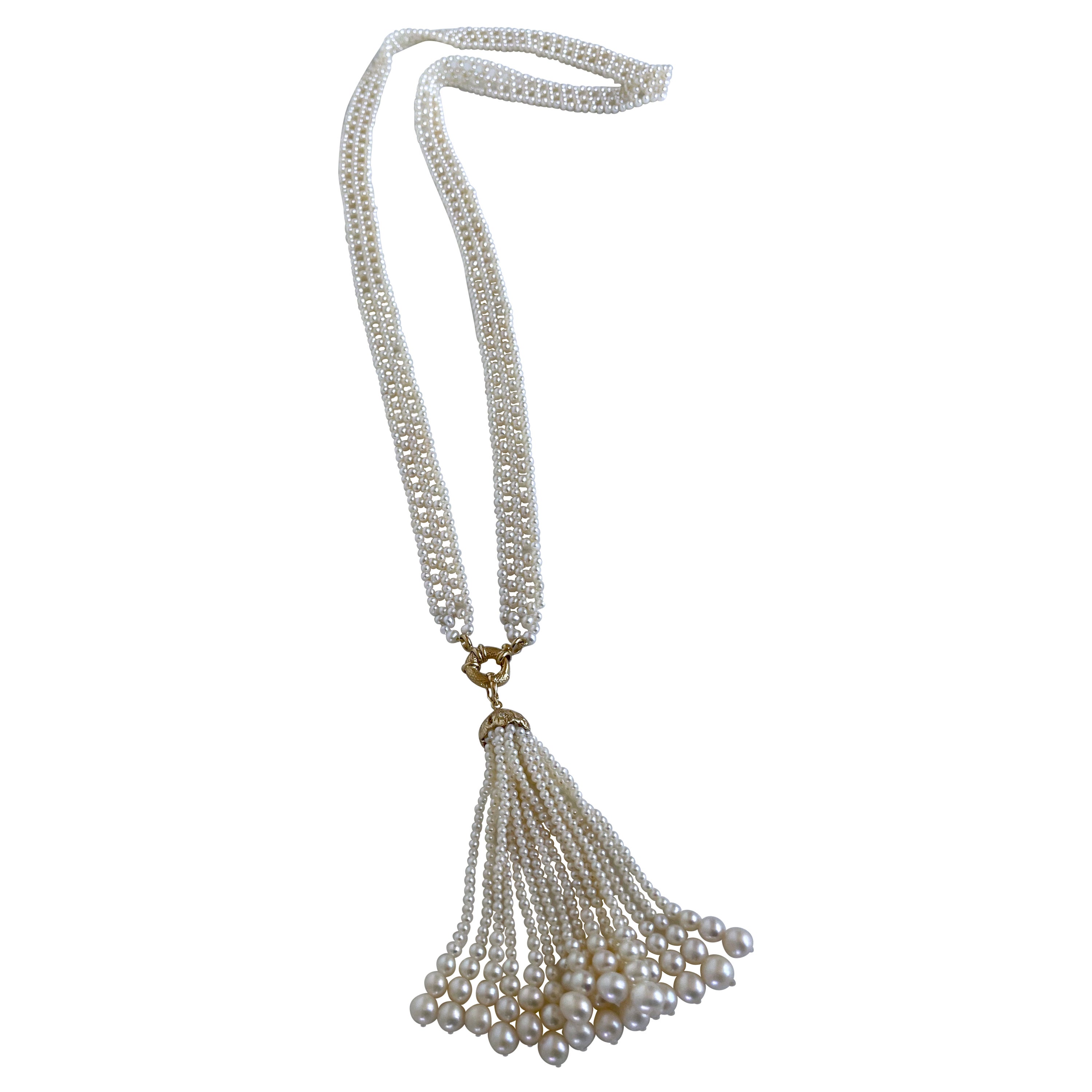 Marina J. All Pearl Woven Sautoir with Diamond Encrusted 14k Yellow Gold