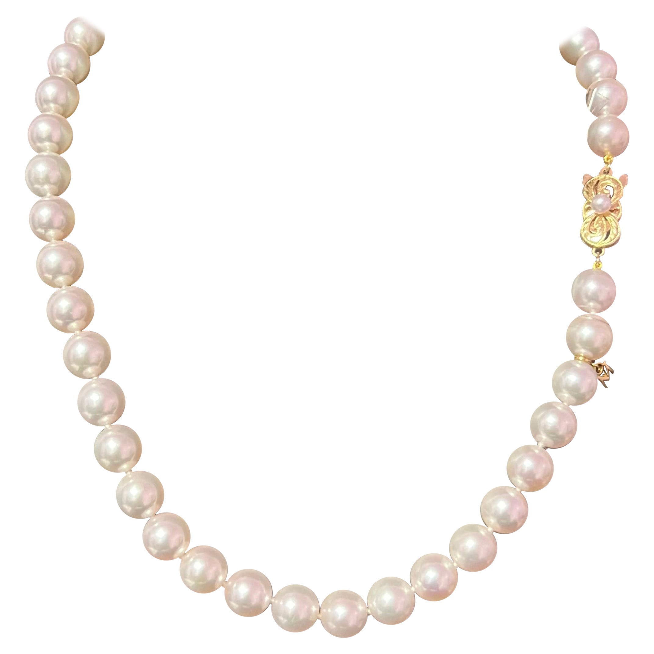 Mikimoto Estate Akoya Pearl Necklace 18k Gold 9.5 mm Certified M35435 For Sale