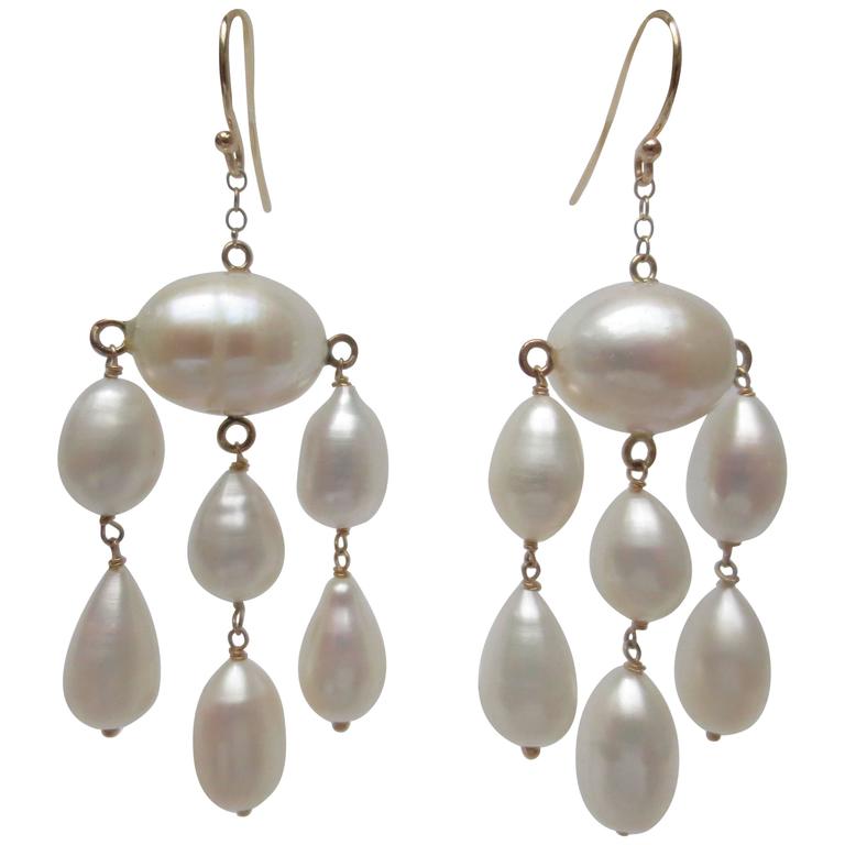 Oval and Teardrop Baroque Pearl Dangle Earrings with Gold Wire For Sale ...