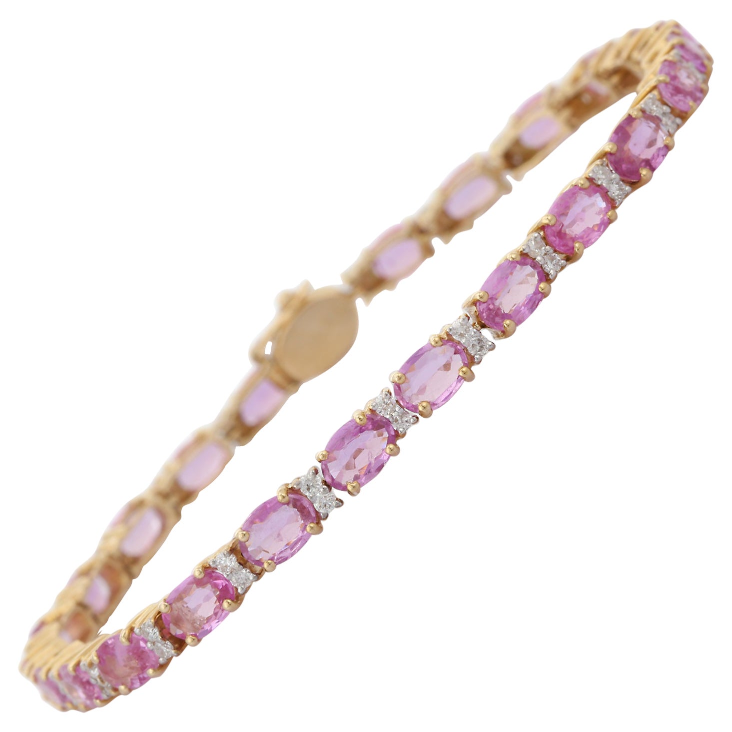 Gemstone Bracelet Featuring Oval Cut Pink Sapphire in 14K Gold With Diamonds For Sale