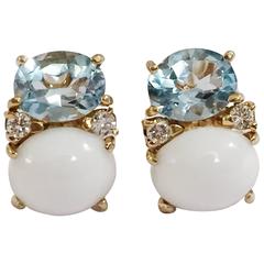 Medium GUM DROP™ earrings With Blue Topaz and Cabochon White Jade and Diamonds 12