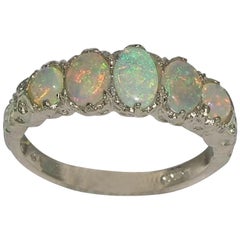 English 925 Sterling Silver Natural Colourful Opal Victorian Style Ring