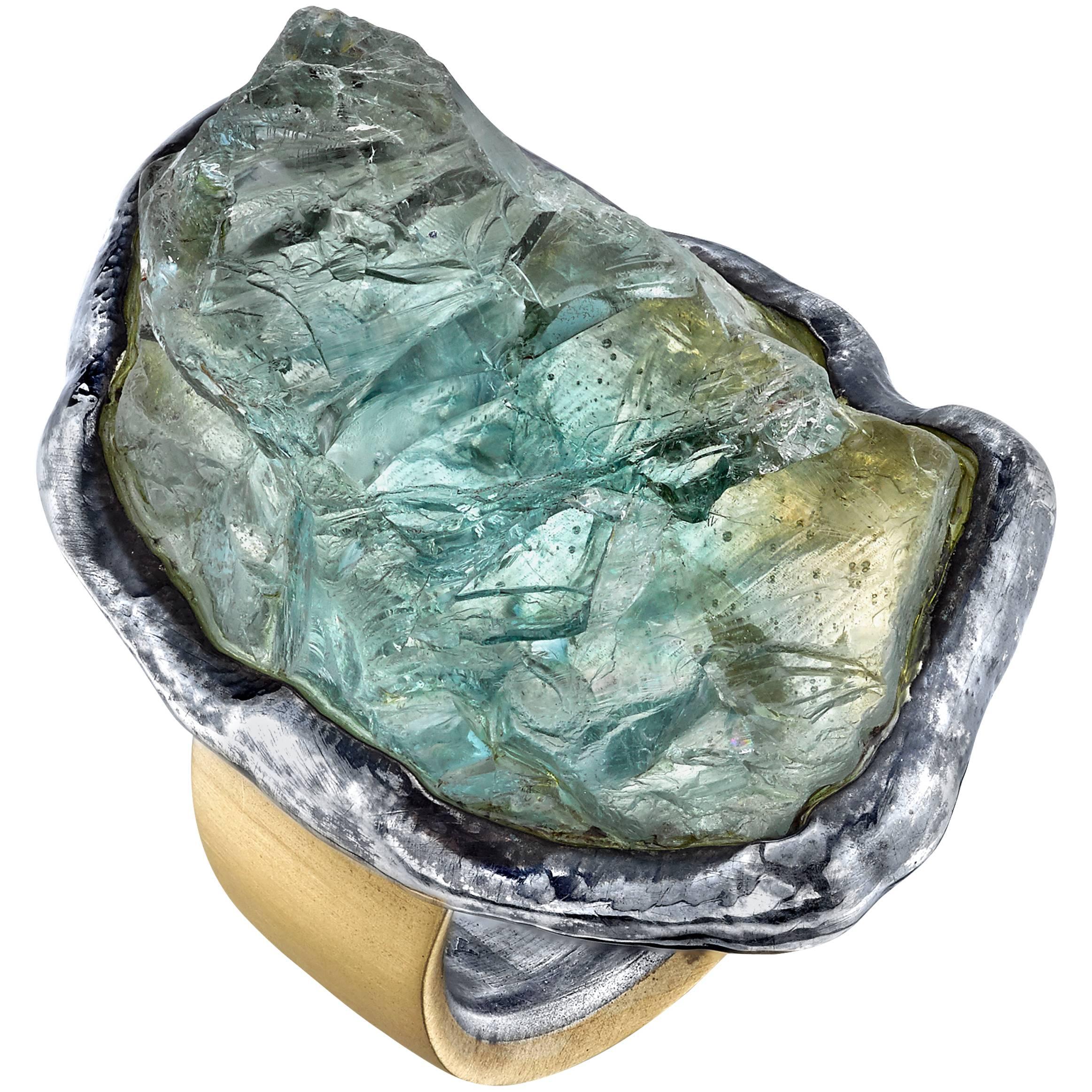 Green Beryl Organic Silver Gold Ring  For Sale