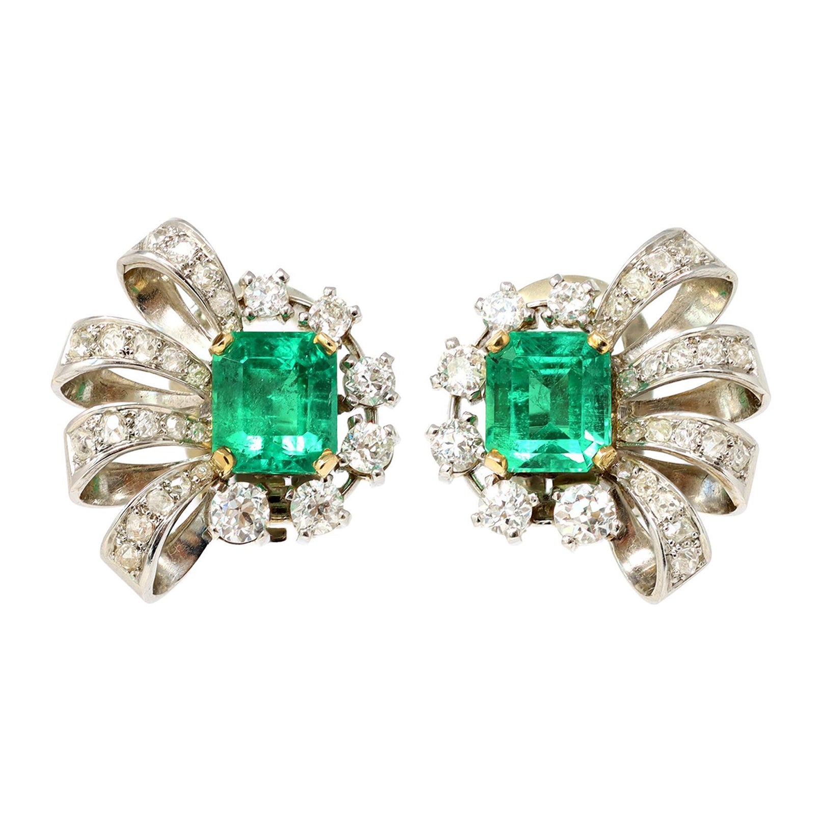Pair of Emerald and Diamond Clip on Earrings in Platinum, Circa 1940