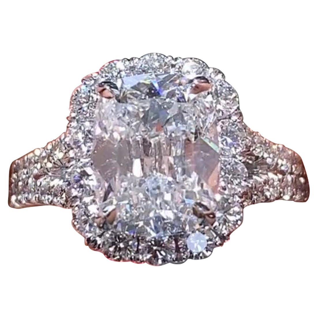 3.21ct T.W. Cushion Cut Split Shank Halo Henri Daussi Engagement Ring For Sale