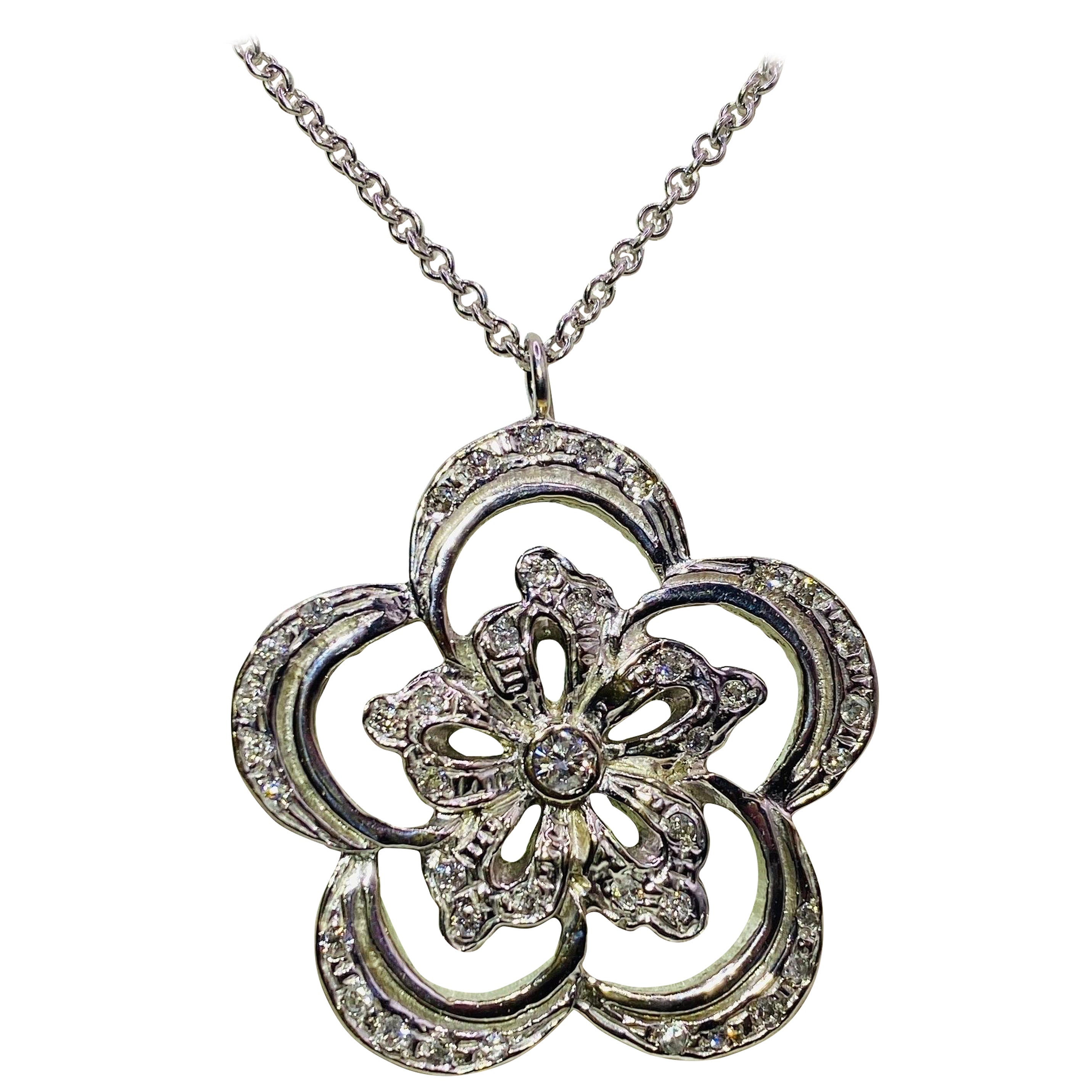 Diamond Flower Pendant on White Gold Chain