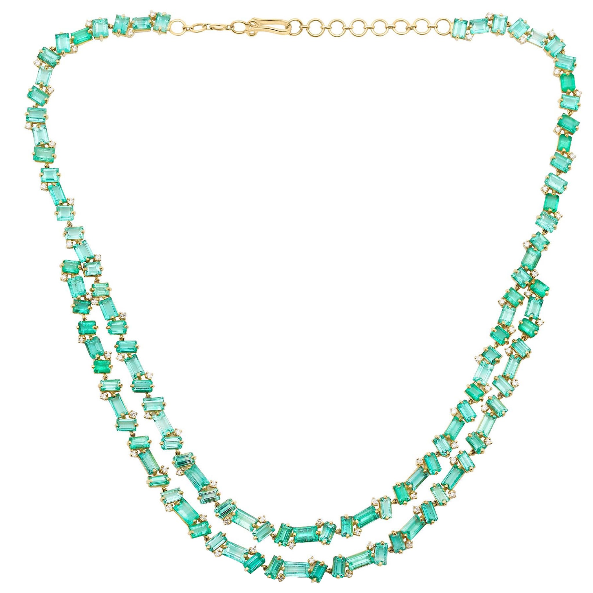 Emerald Baguette and Diamond Necklace in 18k Yellow Gold For Sale