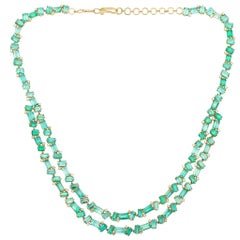 Emerald Baguette and Diamond Necklace in 18k Yellow Gold