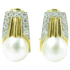David Webb South Sea Pearl Diamond Gold Earrings