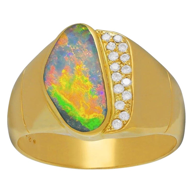 Australischer australischer 3,36 Karat Kristall-Opal, Diamant & 18K Gold Ring