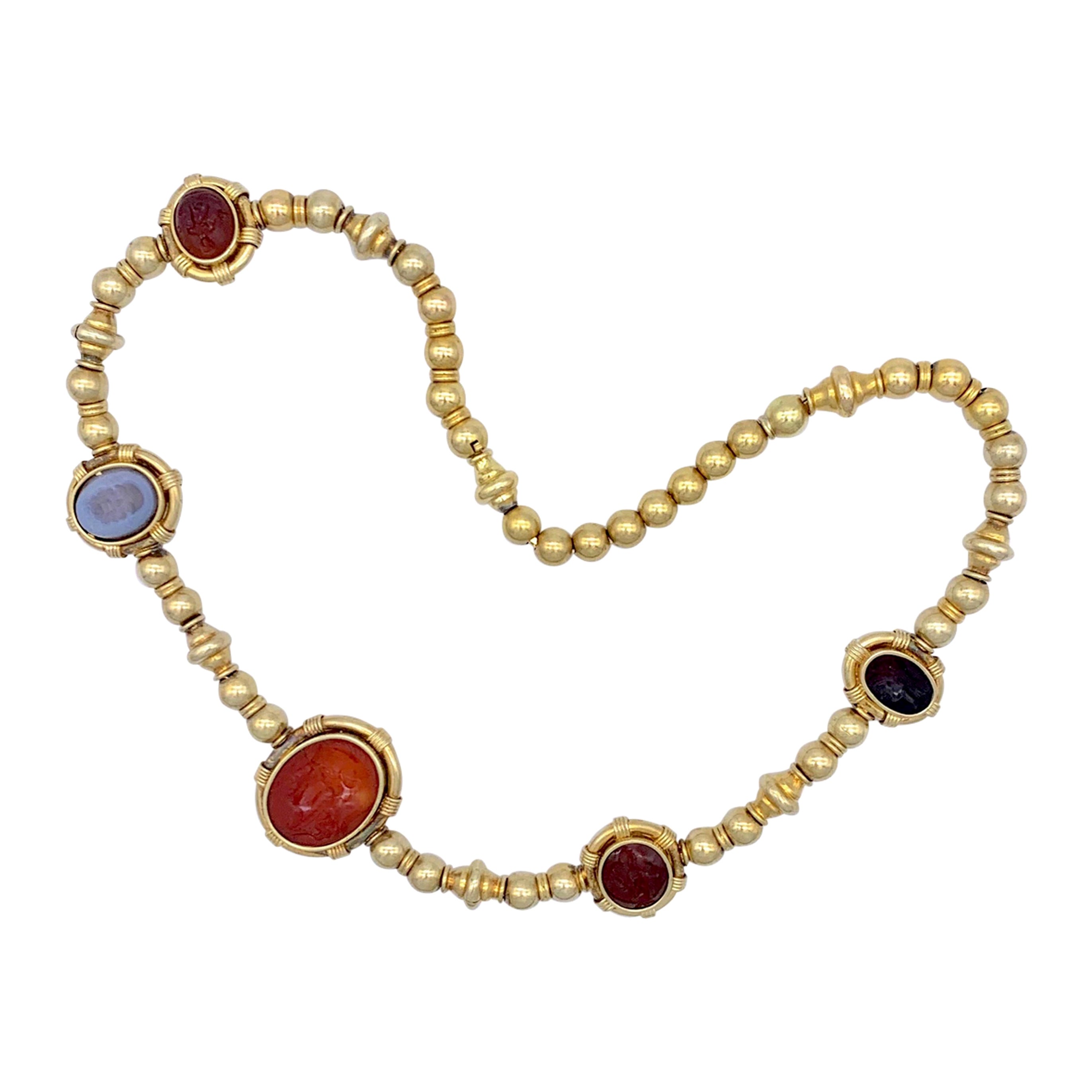 Antique Hardstone Intaglio Necklace 14 Karat Gold Ball Chain For Sale