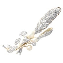 Antique 2.32Ct Diamond and Pearl 9k Yellow Gold Brooch, Circa 1900