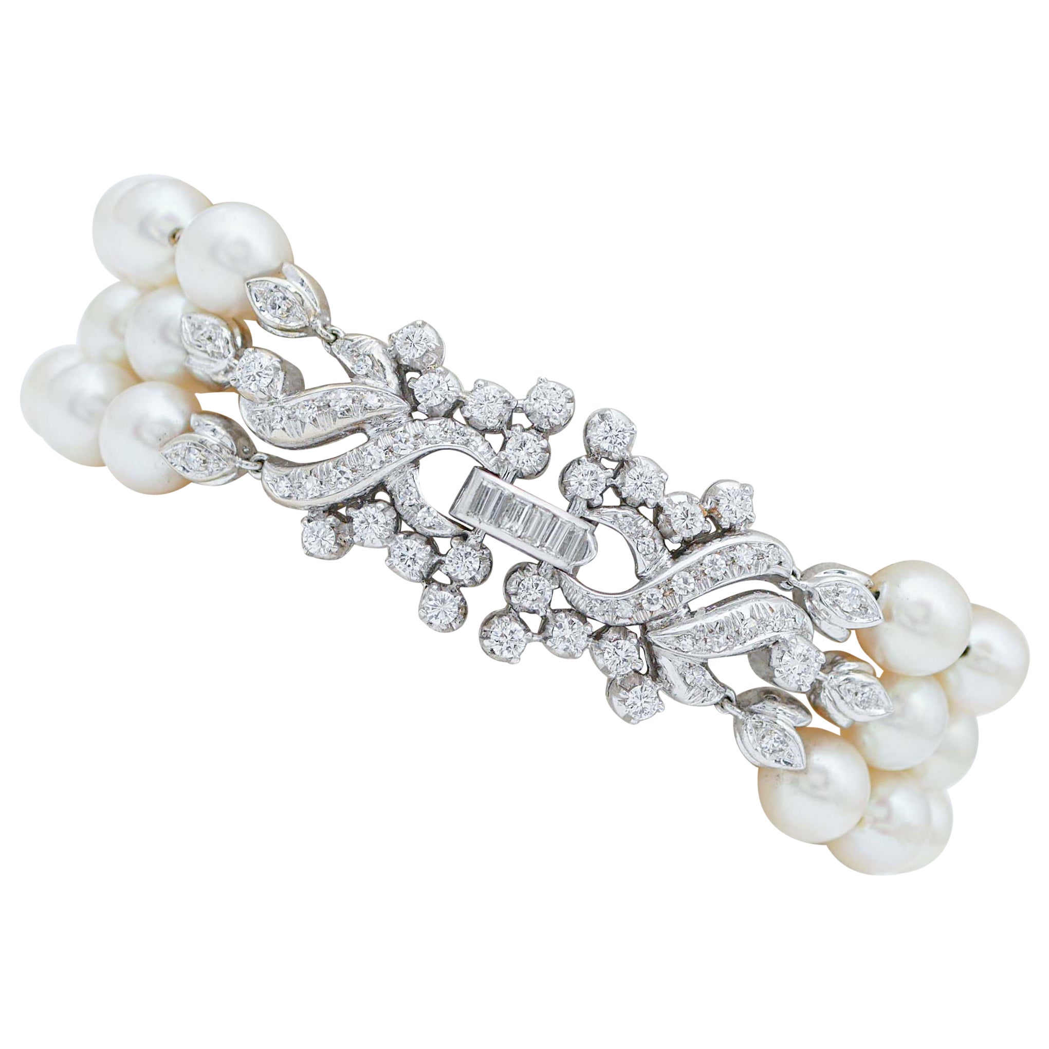 Pearls, Diamonds, 18 Kt White Gold Beaded Bracelet