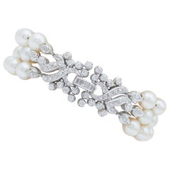 Vintage Pearls, Diamonds, 18 Kt White Gold Beaded Bracelet