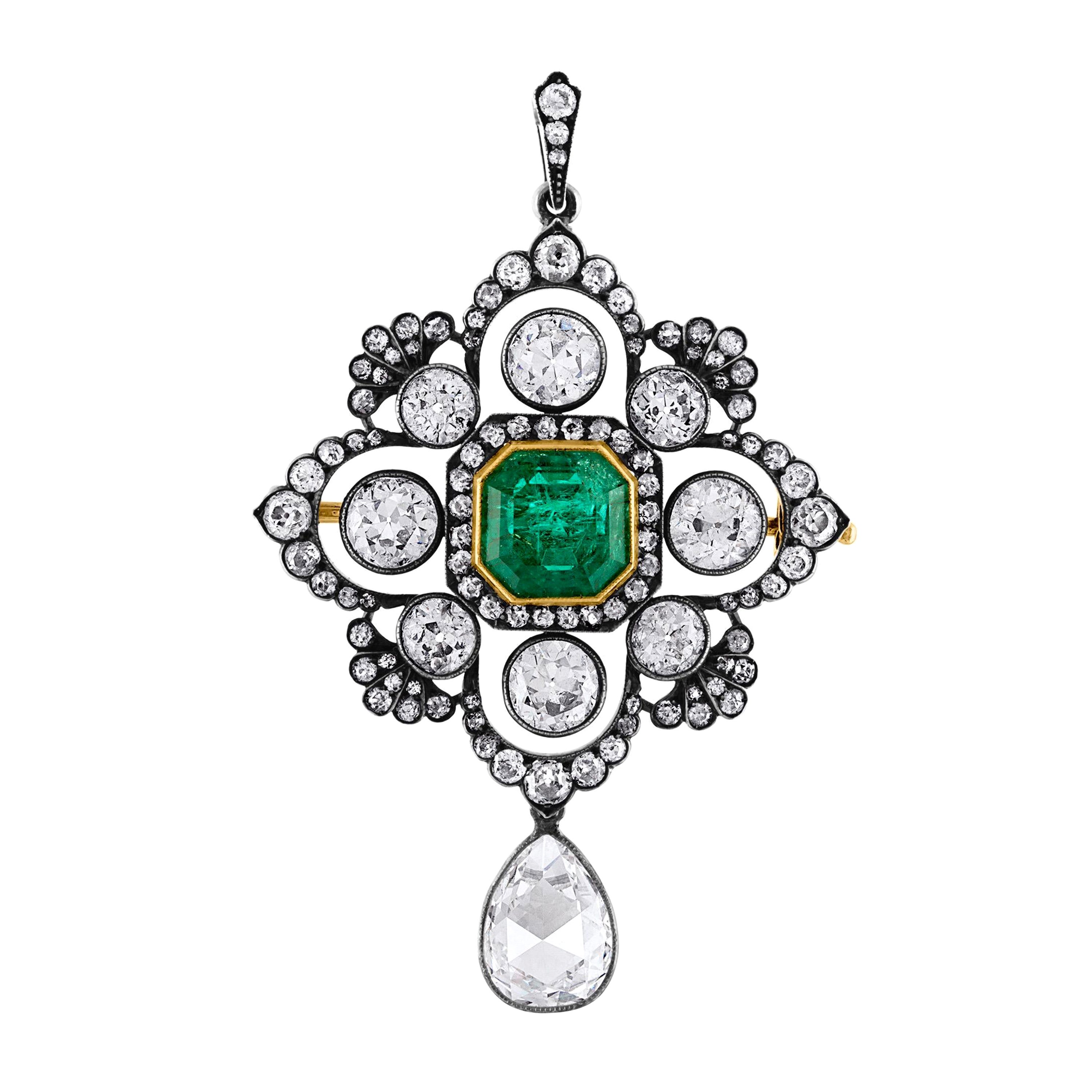  Victorian 4.26 Carat Colombian Emerald and 8.49 Carat Diamond Pendant Brooch For Sale