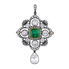  Victorian 4.26 Carat Colombian Emerald and 8.49 Carat Diamond Pendant Brooch