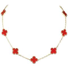 Vintage Van Cleef & Arpels 10 Motif Carnelian Alhambra Necklace