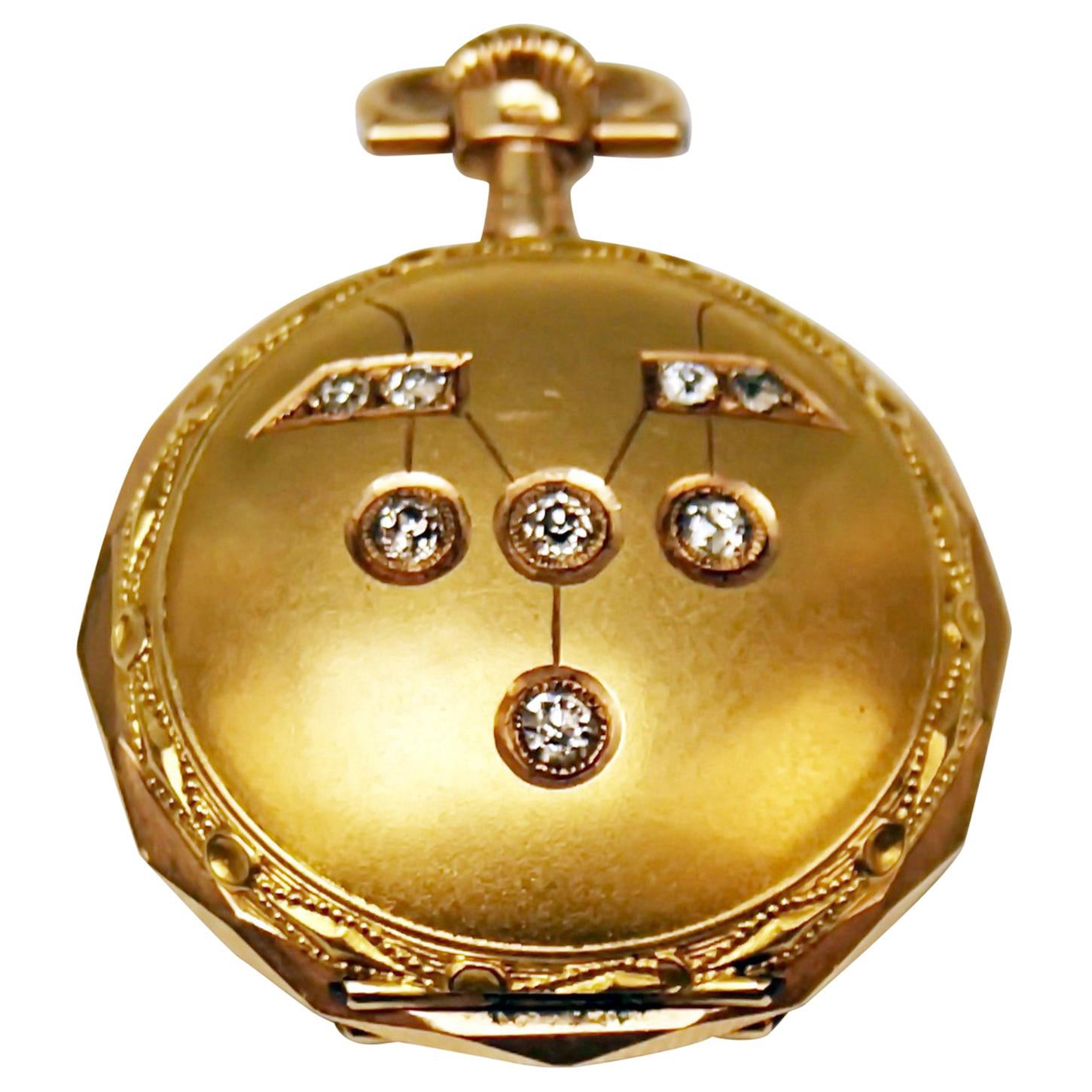 Remontoir Cylindre 10 Rubis Woman's Swiss Pocket Watch 14 Carat Gold Diamonds For Sale