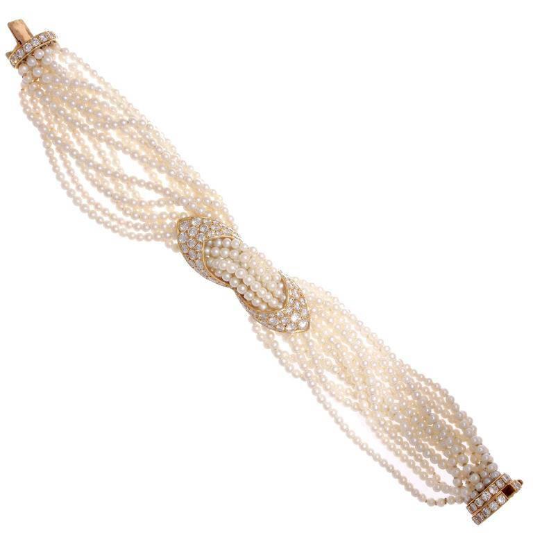 Superb Cartier Paris Seed Pearl Diamond Gold Bracelet