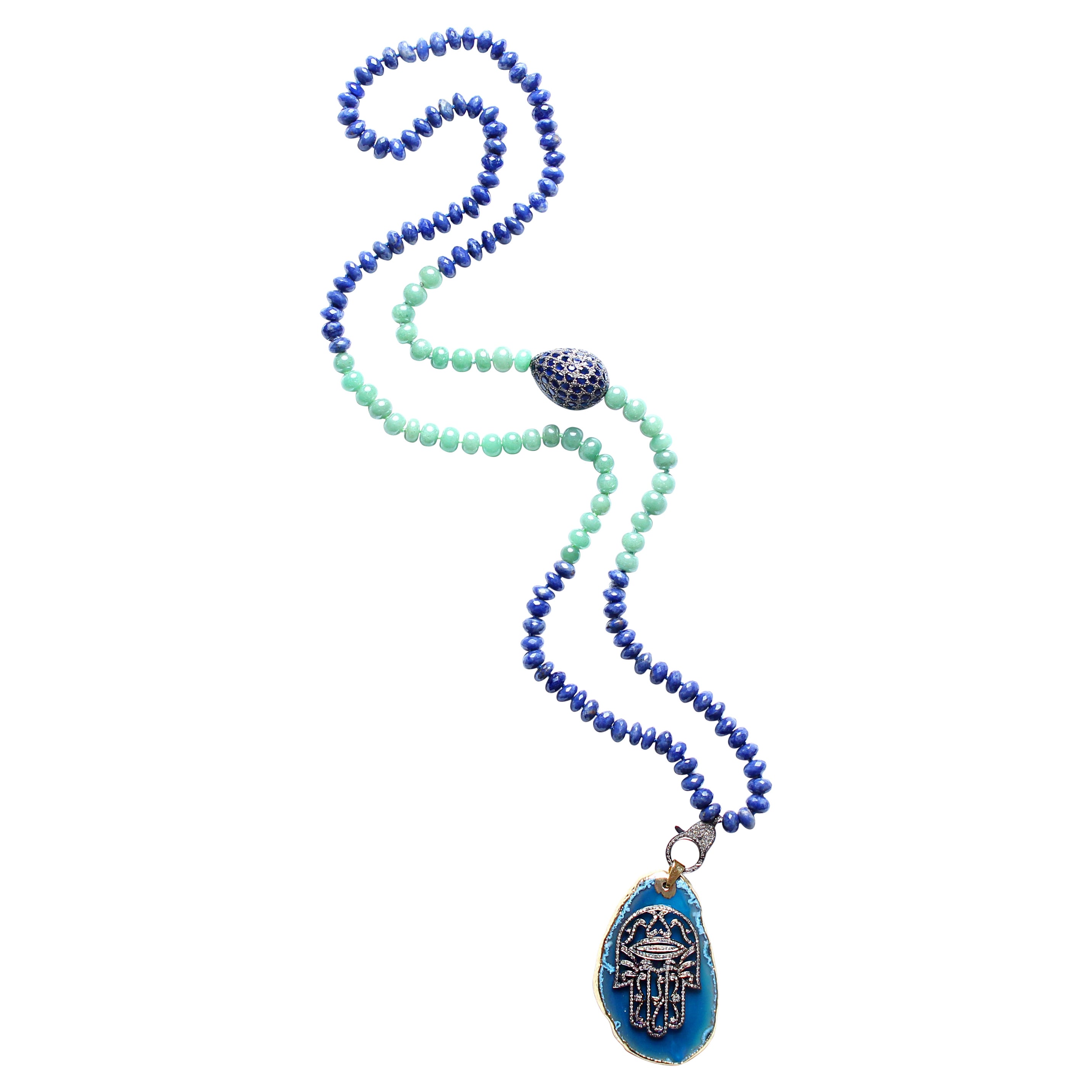 CLARISSA BRONFMAN Lapis Lazuli Agate Sapphire Diamond Hamsa Hand Beaded Necklace For Sale