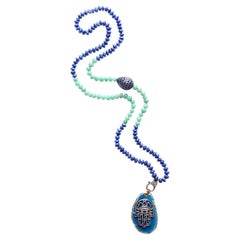 CLARISSA BRONFMAN Lapis Lazuli Agate Sapphire Diamond Hamsa Hand Beaded Necklace