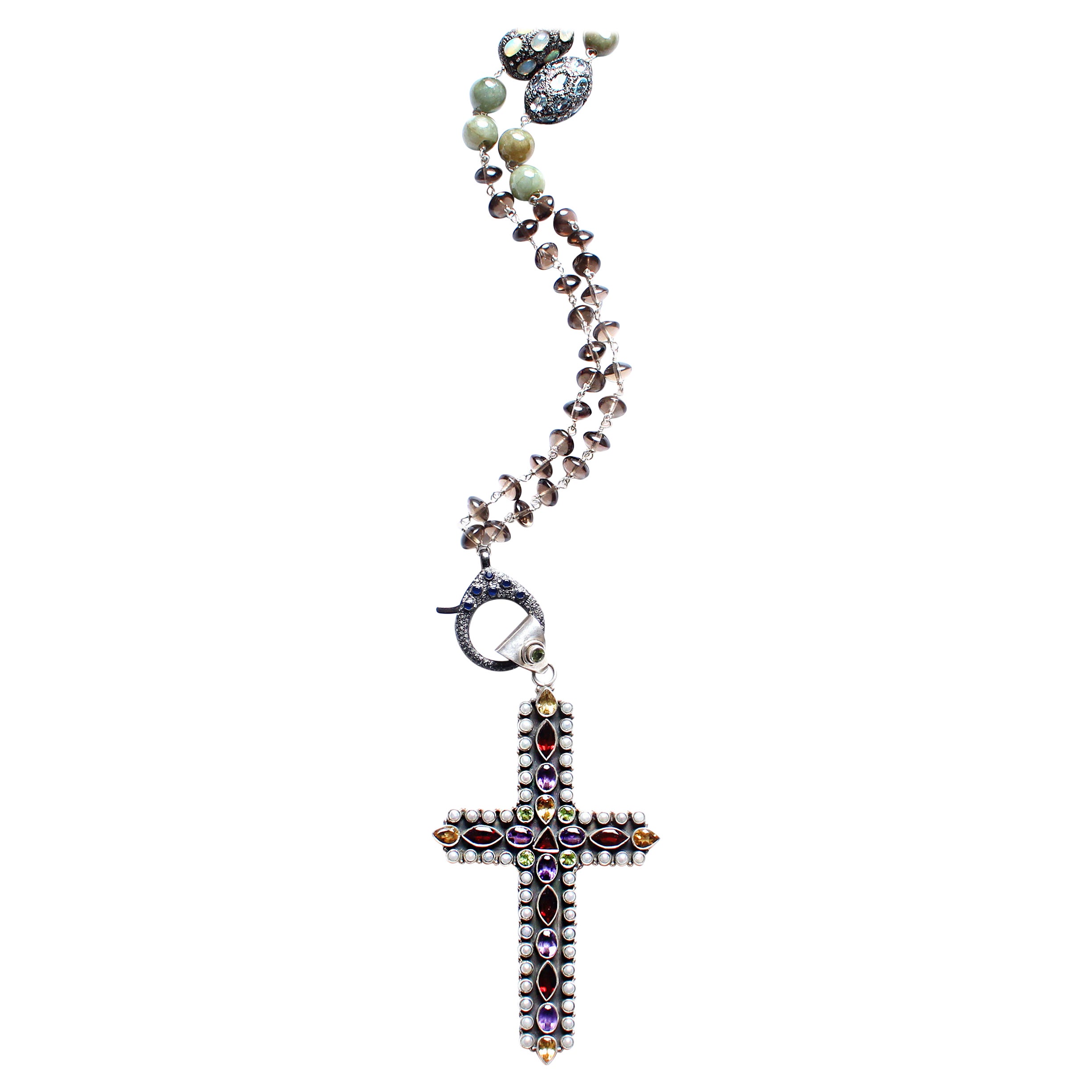 Clarissa Bronfman Quartz Opal Topaz Diamond Peridot Garnet Cross Rosary Necklace