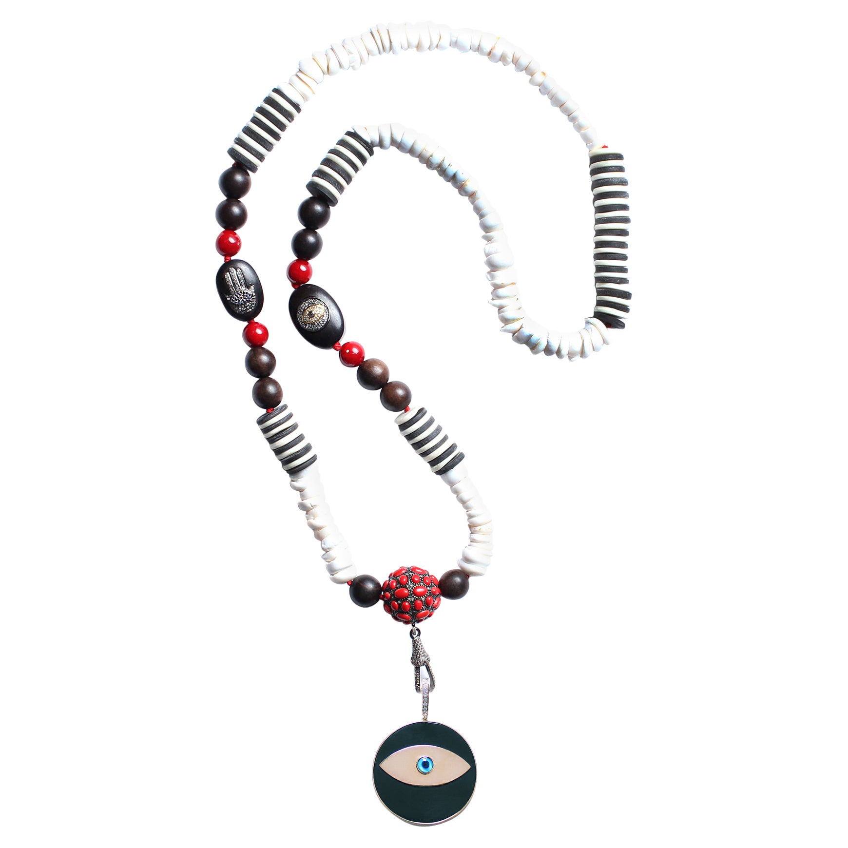 CLARISSA BRONFMAN Ebony Evil Eye Pendant Ebony Sapphire Cinnabar Beaded Necklace For Sale