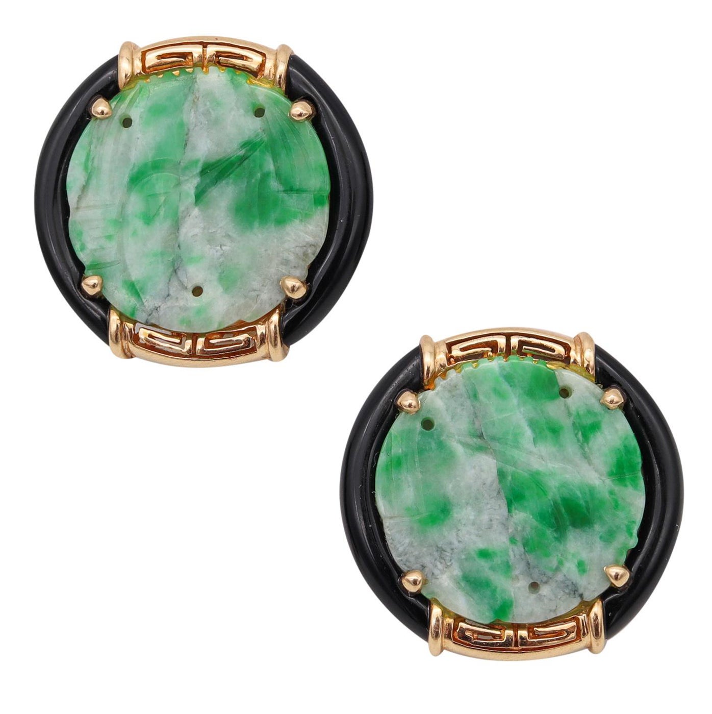 Art Deco Modern Classic Earrings In 14Kt Gold With 13.94 Cts Carved Jade & Onyx For Sale