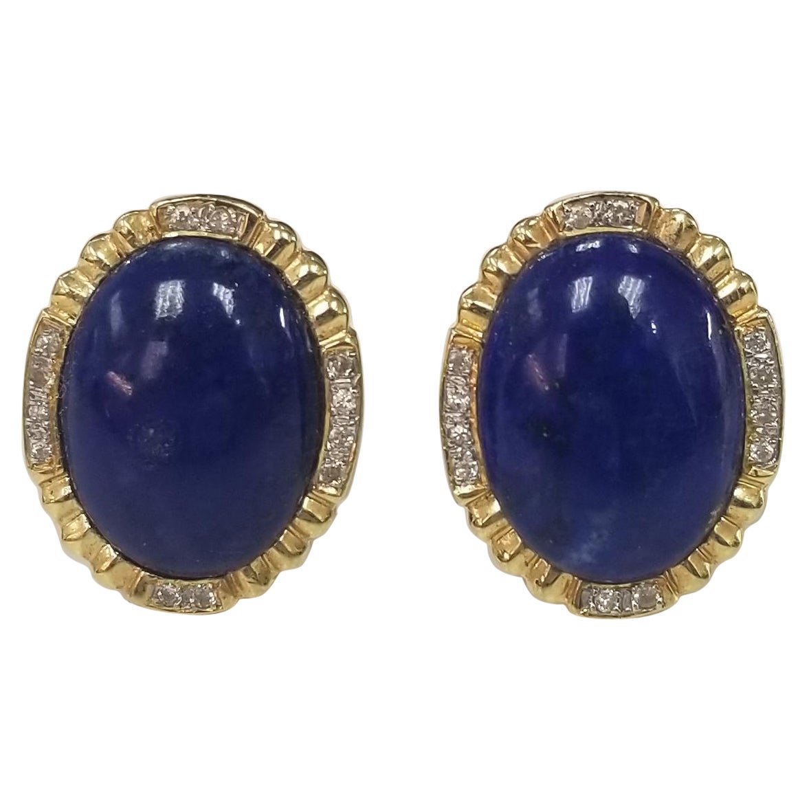 14k Yellow Gold Cabochon Lapis Lazuli and Diamond Earrings