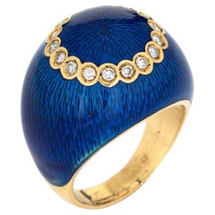 Vintage Van Cleef & Arpels Ring Bombe Blue Enamel Diamond 18k Yellow Gold 5.75