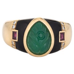 Vintage Cartier Gaia Moghul Ring Chrysoprase Ruby Band 18k Yellow Gold