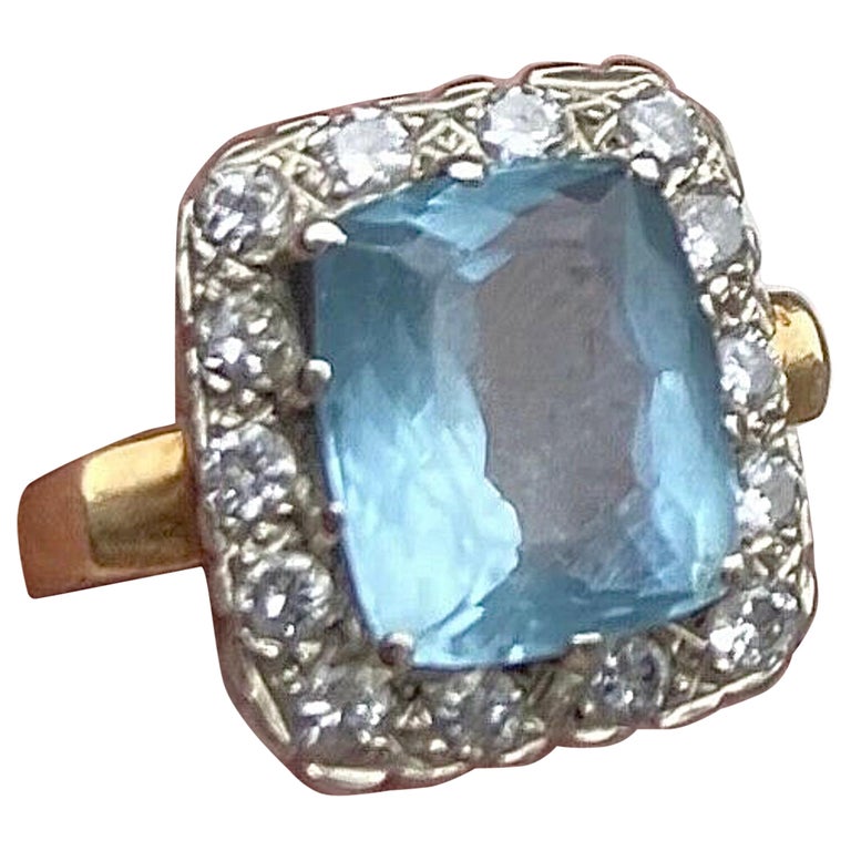 14K Yellow Gold Aquamarine with Diamonds Ring For Sale at 1stDibs