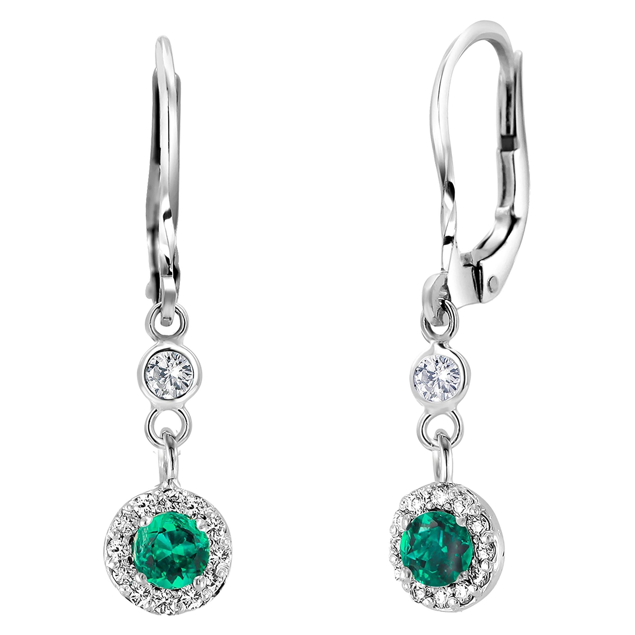 Emerald and Halo Diamond LeverBack White Gold Hoop Drop Earrings