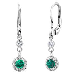 Emerald and Halo Diamond LeverBack White Gold Hoop Drop Earrings