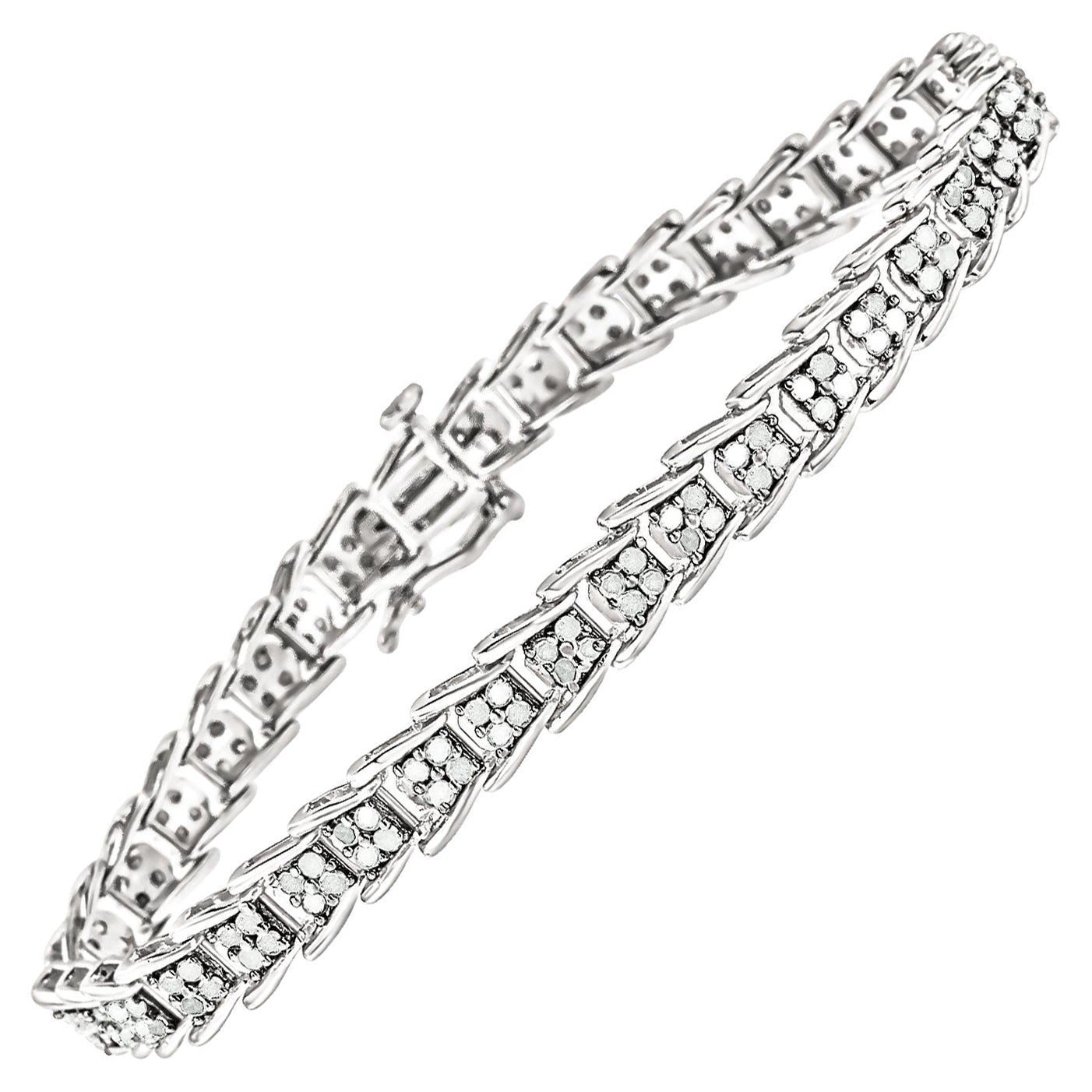 .925 Sterling Silver 2.0ct Diamond Fan-Shaped Fancy Chevron Link Tennis Bracelet For Sale