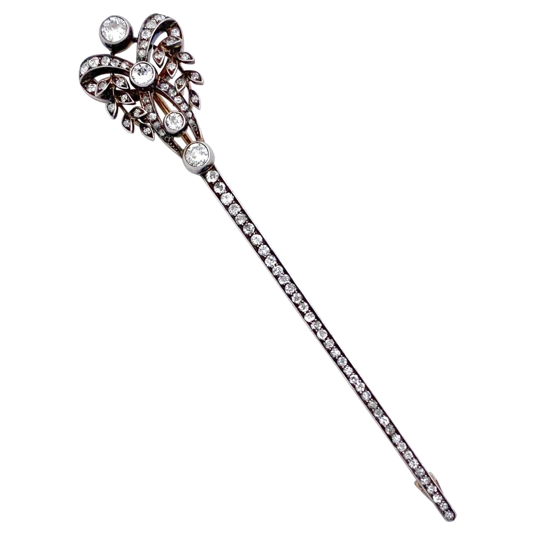 Antique Belle Époque Diamond Gold Silver Brooch Pin Magic Wand For Sale