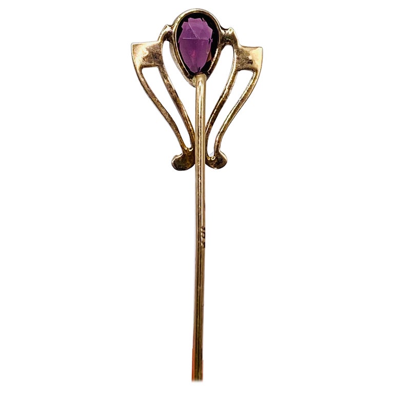 Victorian .5 Carat Amethyst and Pearl Yellow Gold Stick Pin For Sale