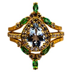 Art Deco Style Emerald Diamond Aquamarine Yellow Gold Triple Cocktail Ring Set