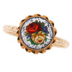 Antique Victorian 15ct Gold Micro Mosaic Ring Decorated with Roses, Circa 1880