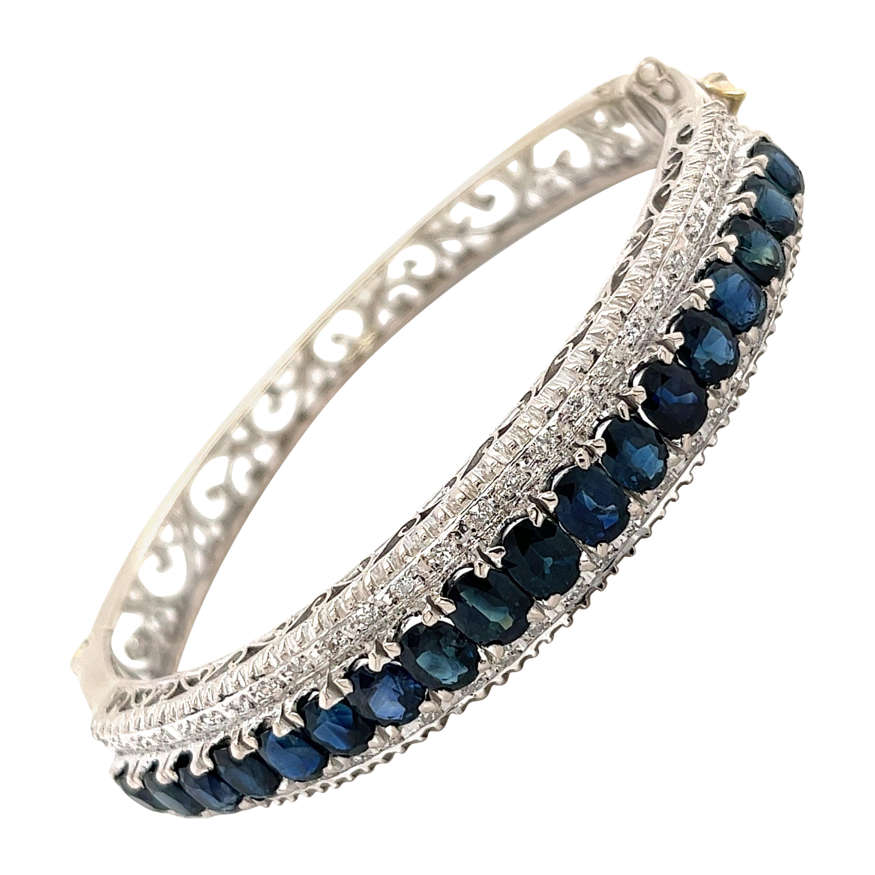 Vintage Art Deco Style Blue Sapphire Cluster Bangle Bracelet in 14k White Gold For Sale