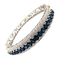 Vintage Art Deco Style Blue Sapphire Cluster Bangle Bracelet in 14k White Gold