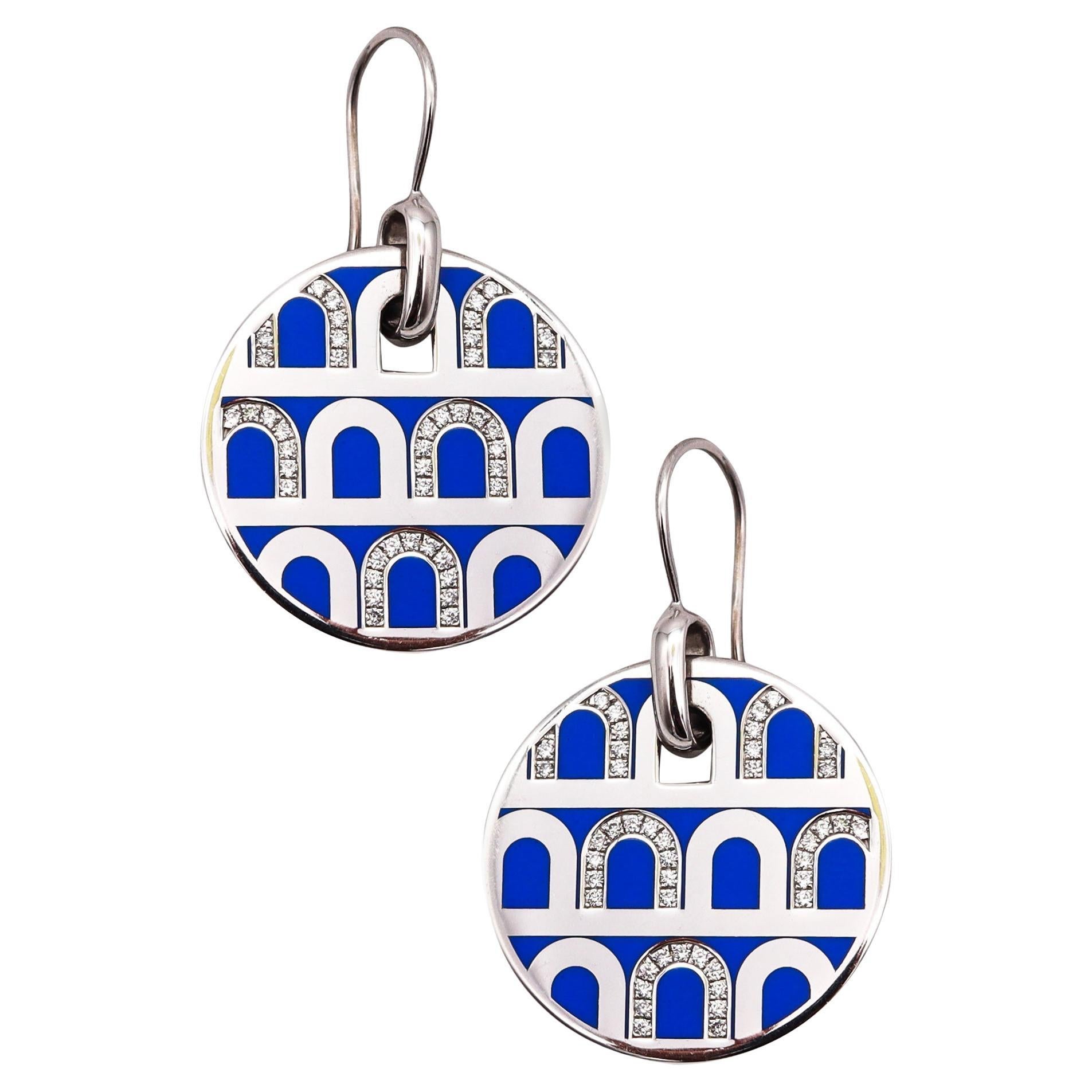 Davidor Paris Le Arc Colonnato Blue Enamel Dangle Earrings 18Kt Gold & Diamonds