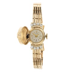 Jean Sybe Vintage 14k Yellow Gold Sapphire and Diamond Ladies Flip Top Watch