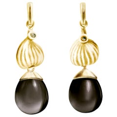 Eighteen Karat Yellow Gold Fig Artist Drop Earrings with Smoky Quartzes