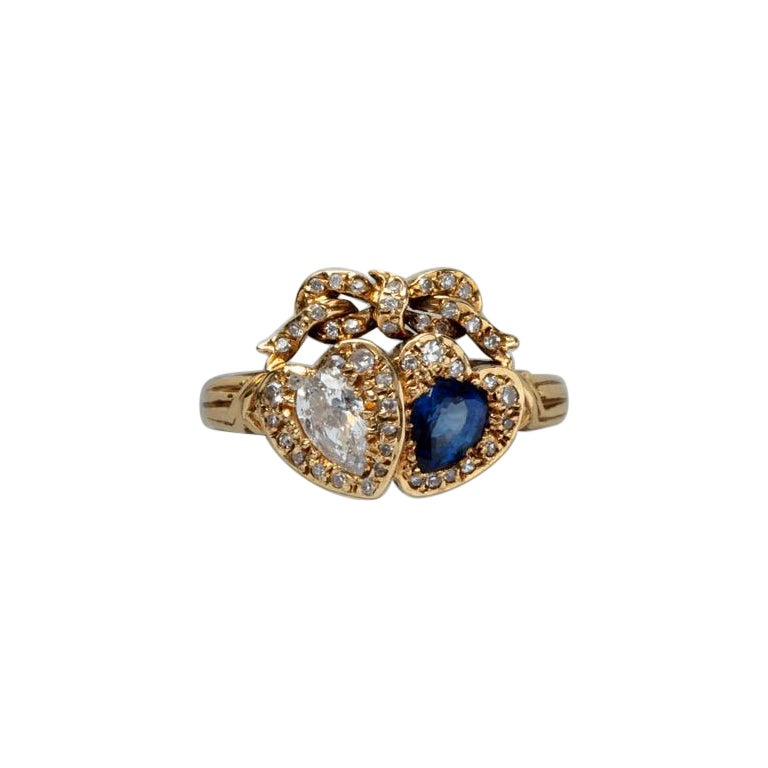 18 Carat Gold Diamond and Sapphire Double Heart Ring For Sale