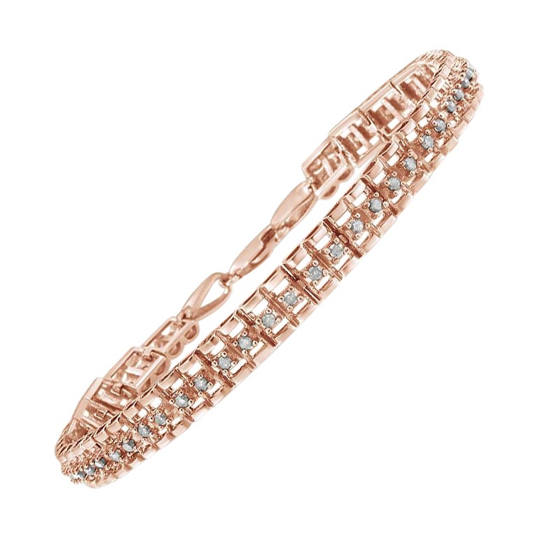 Bracelet tennis à double maillons en argent sterling plaqué or rose et diamants de 1,0 carat en vente